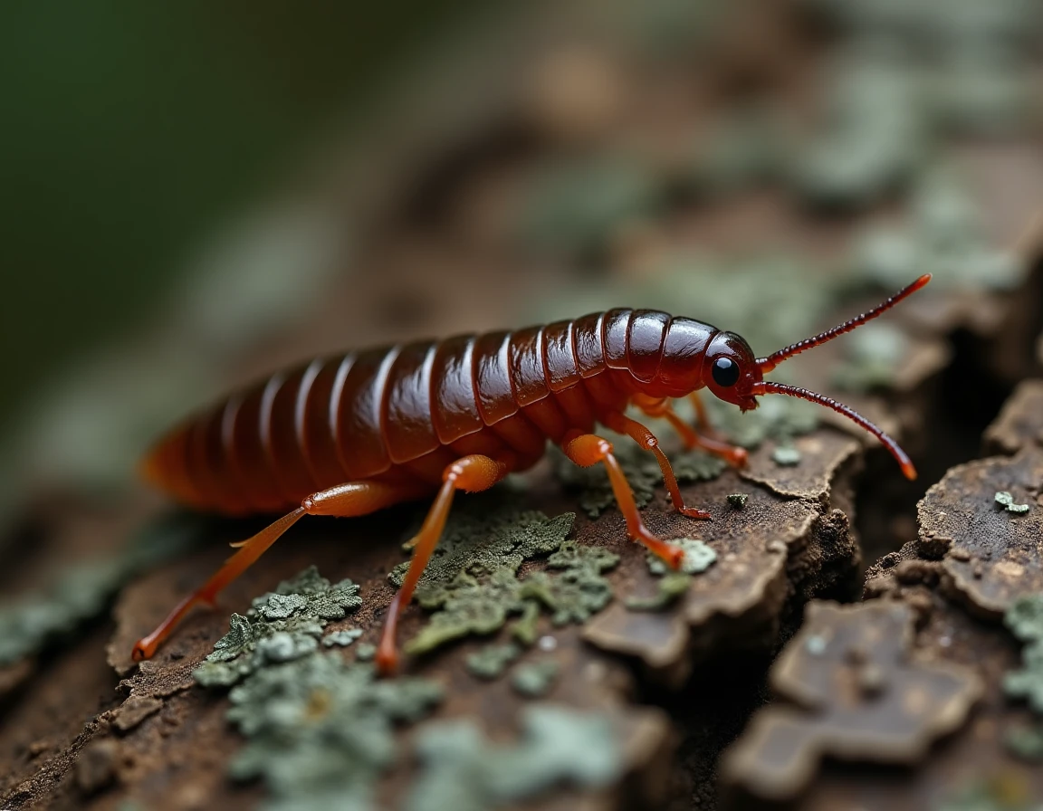 Gros plan macro d'un forficule (ophone) sur une écorce d'arbre, montrant ses pinces caractéristiques et son corps segmenté brun