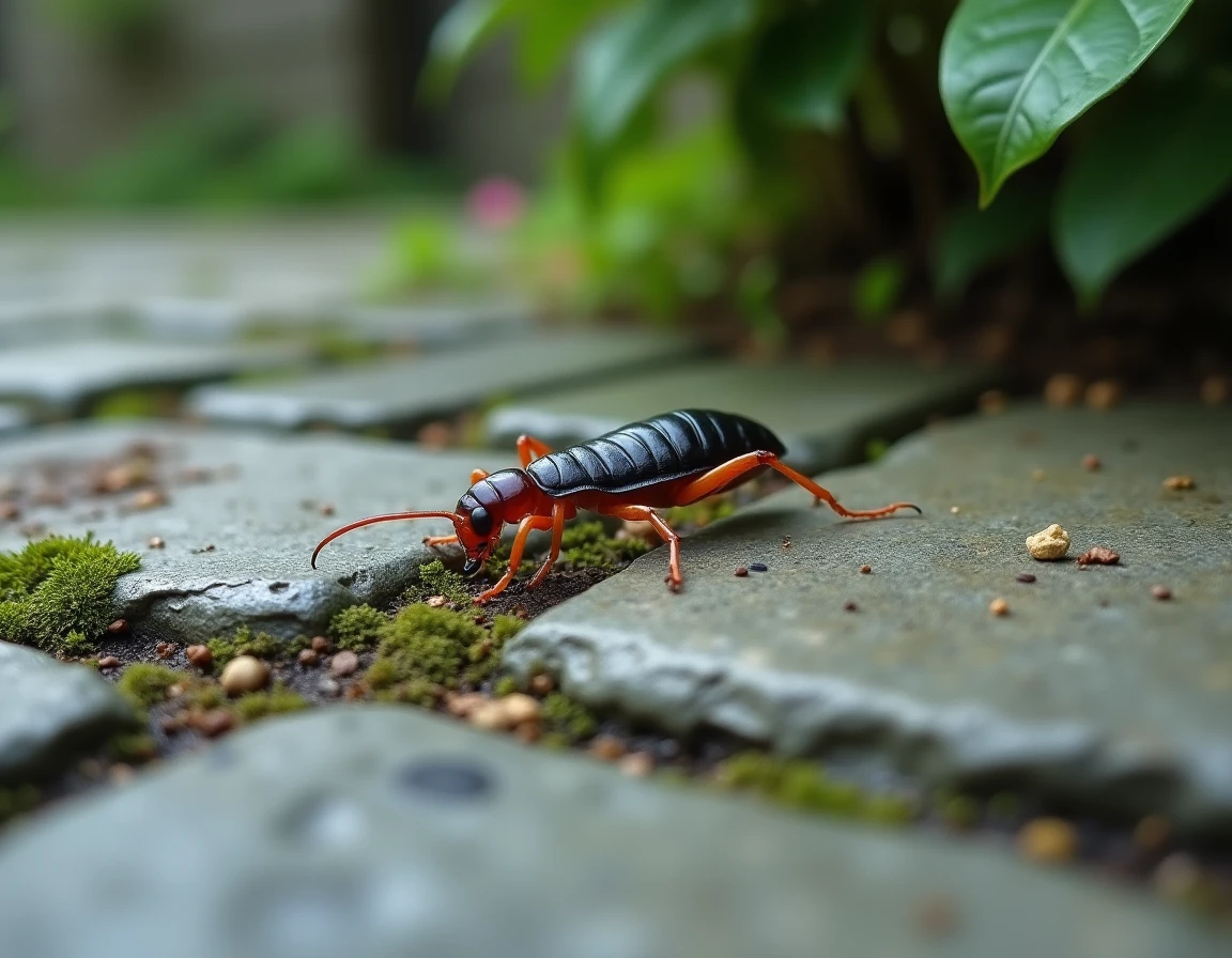 Un forficule (ophone) traversant un vieux mur en pierre humide dans un jardin, avec ses pattes et antennes bien visibles