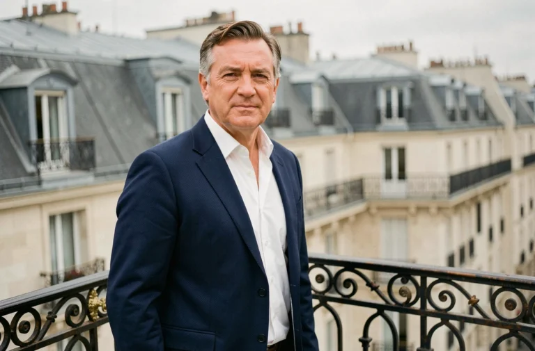 Homme d'affaires élégant sur un balcon parisien hausmannien avec vue sur les toits de Paris, illustrant le succès et la fortune d'un entrepreneur franco-américain