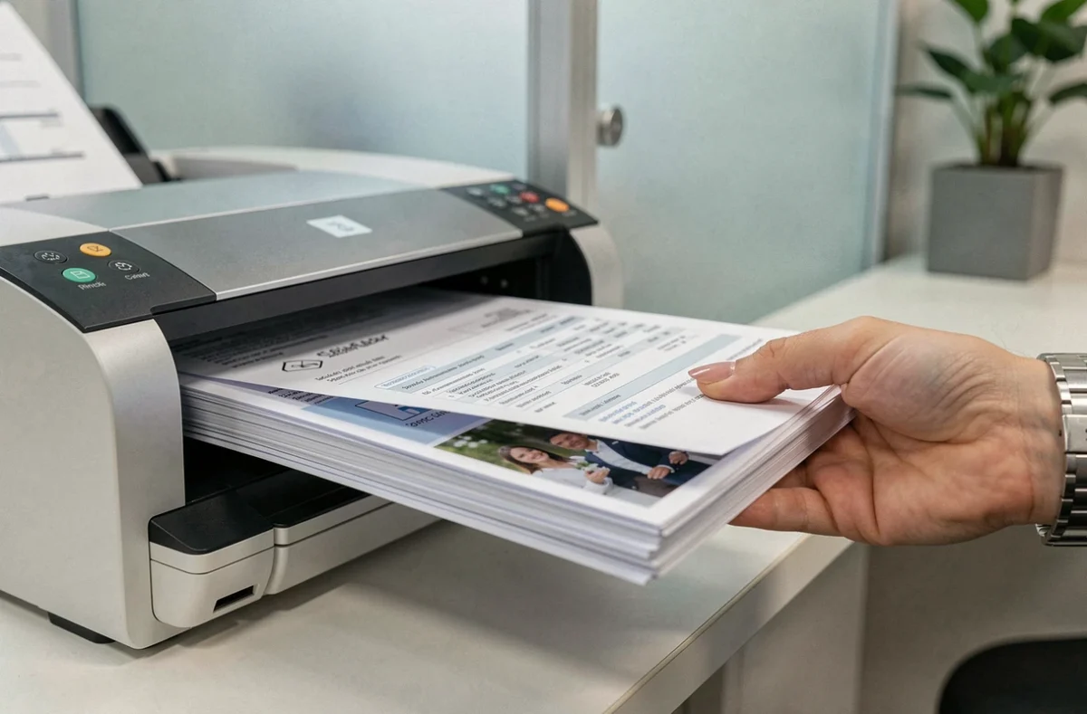 Gros plan sur un scanner à alimentation automatique de documents dans un environnement professionnel avec pile de papiers