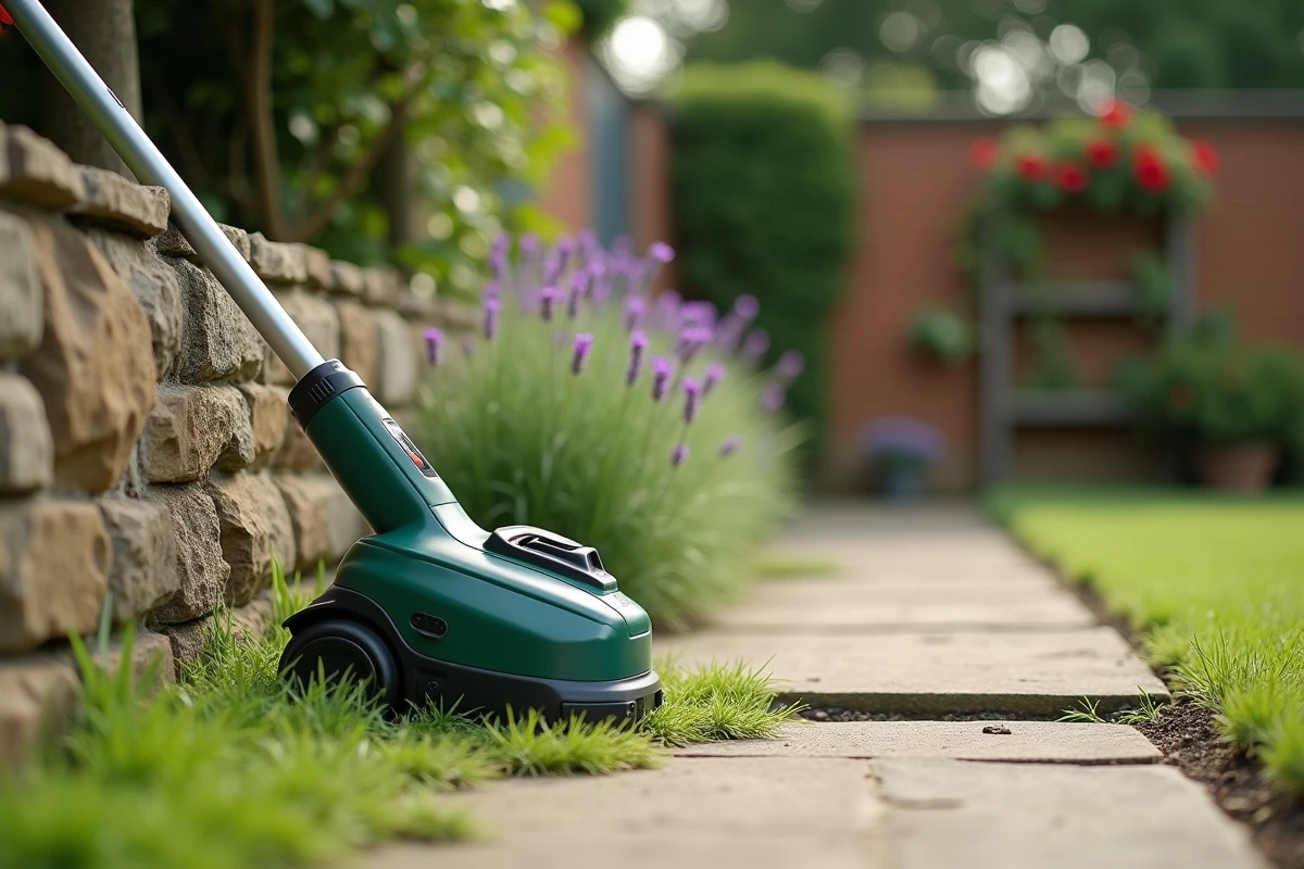Gros plan d'un taille-bordure à batterie posé contre un muret de jardin avec une bordure de pelouse fraîchement taillée
