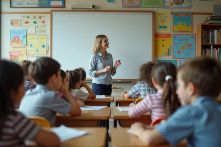 Enfants d'école primaire autour d'une enseignante souriante