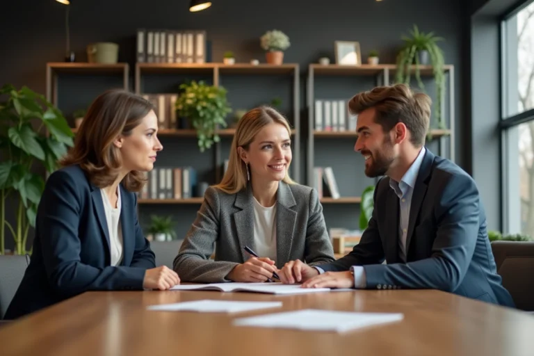 Trois professionnels en discussion dans un bureau moderne