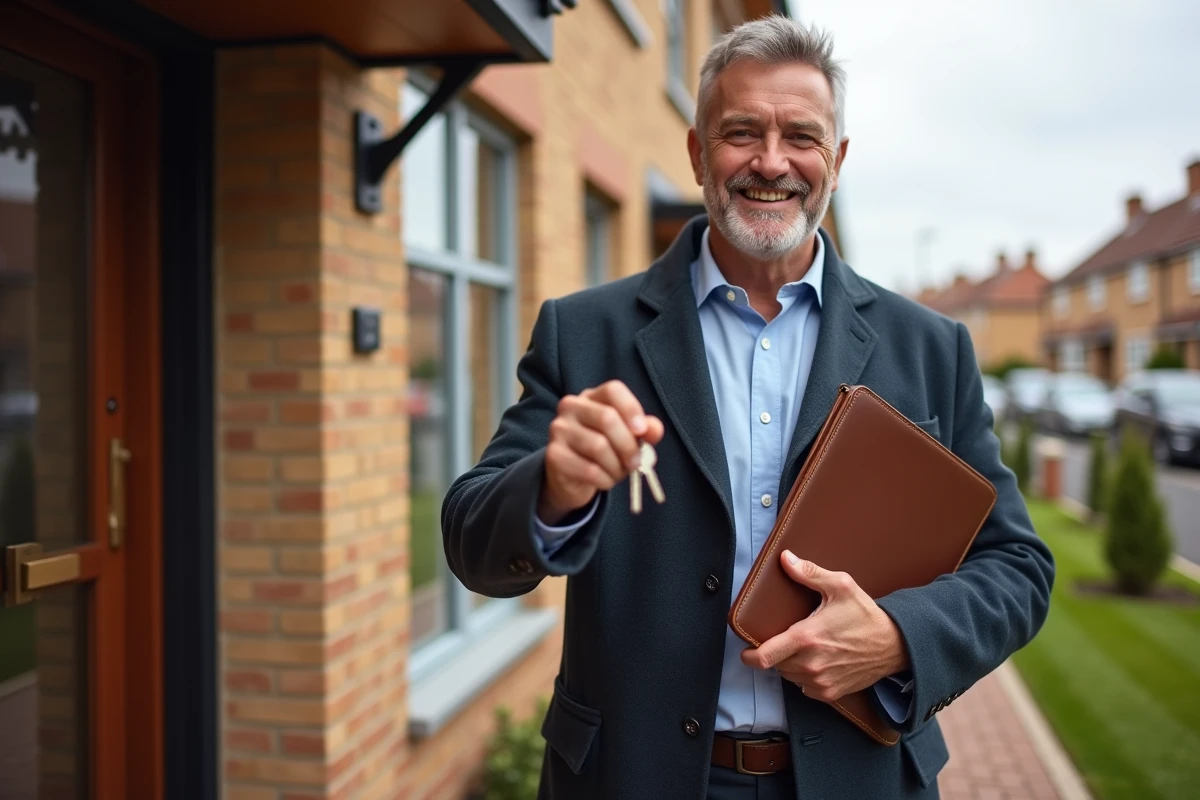 Homme avec clés devant sa nouvelle maison