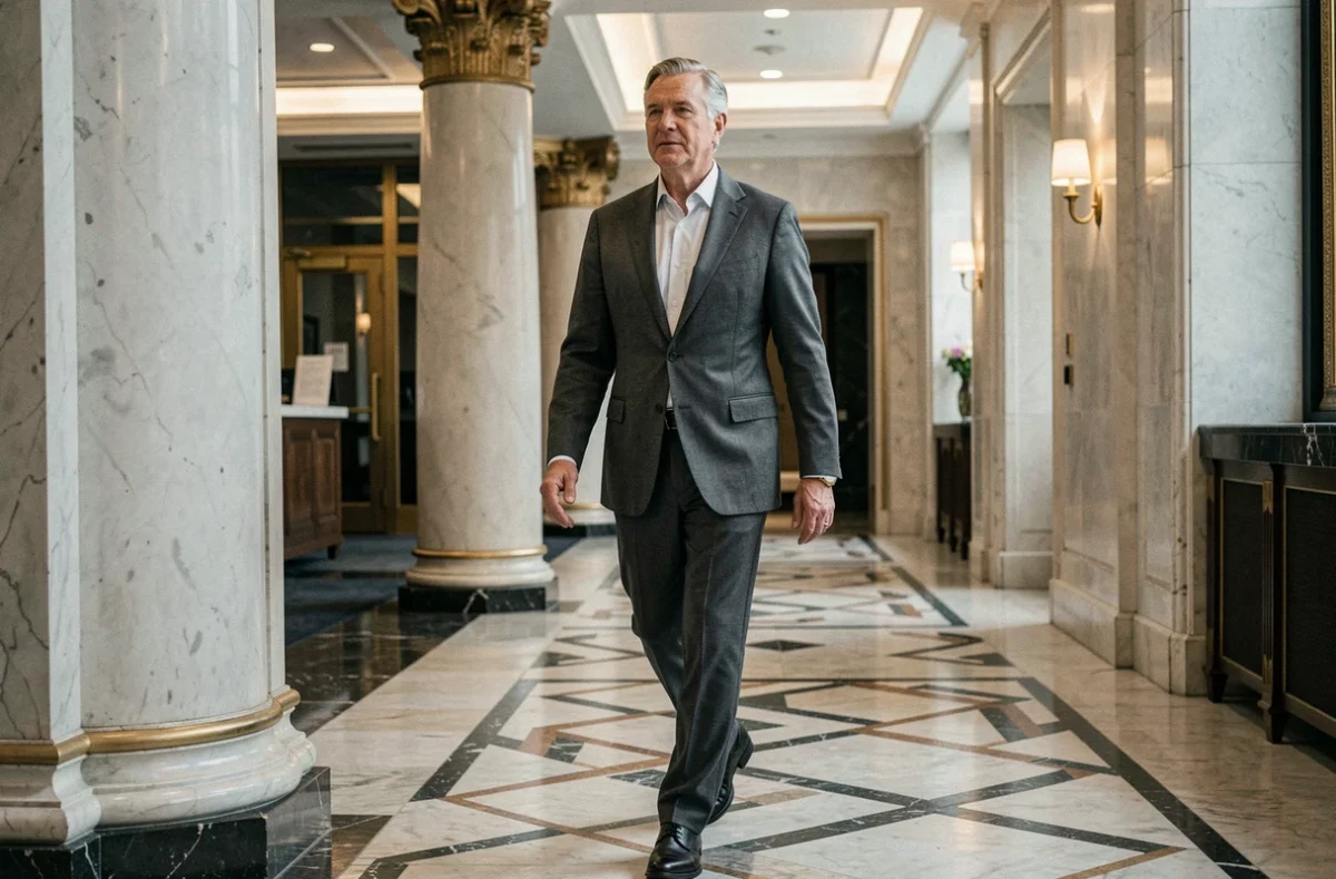 Homme d'affaires franco-américain traversant un hall d'hôtel de luxe Art Déco, évoquant le style de vie international et la fortune entre Paris et Los Angeles