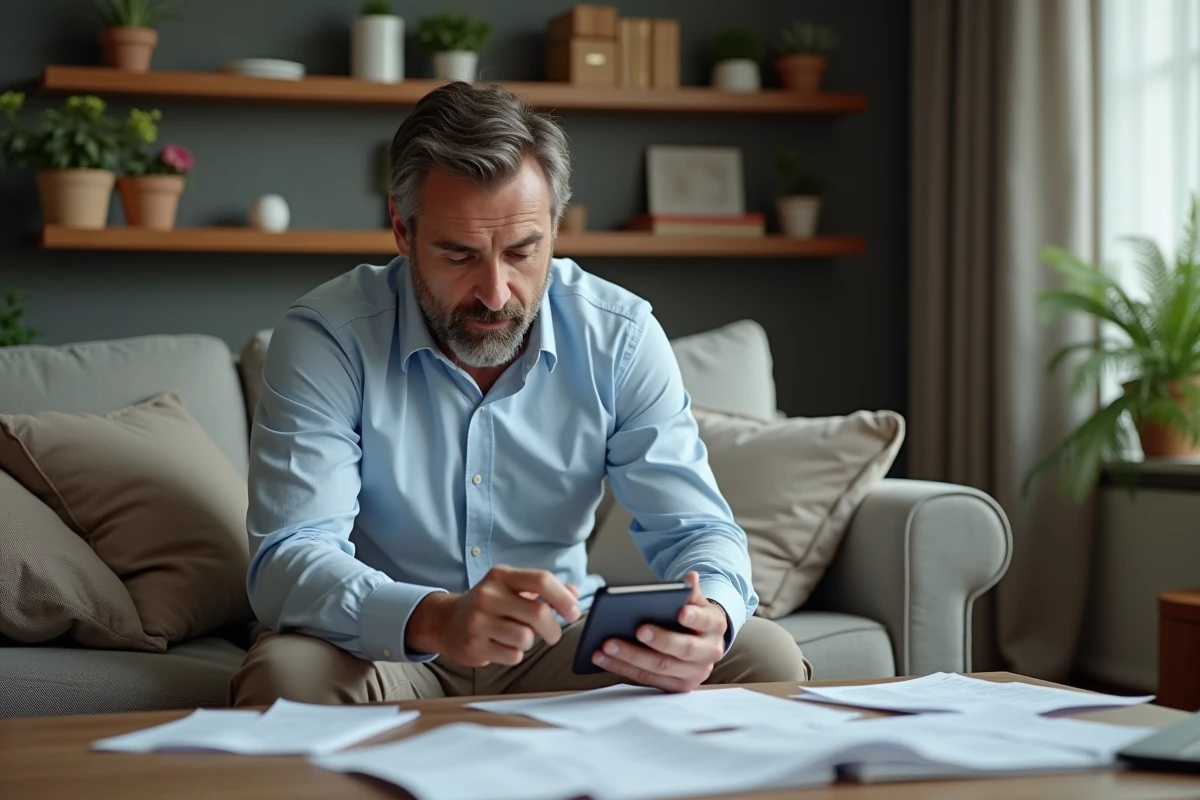 Homme en intérieur analysant ses finances avec papiers
