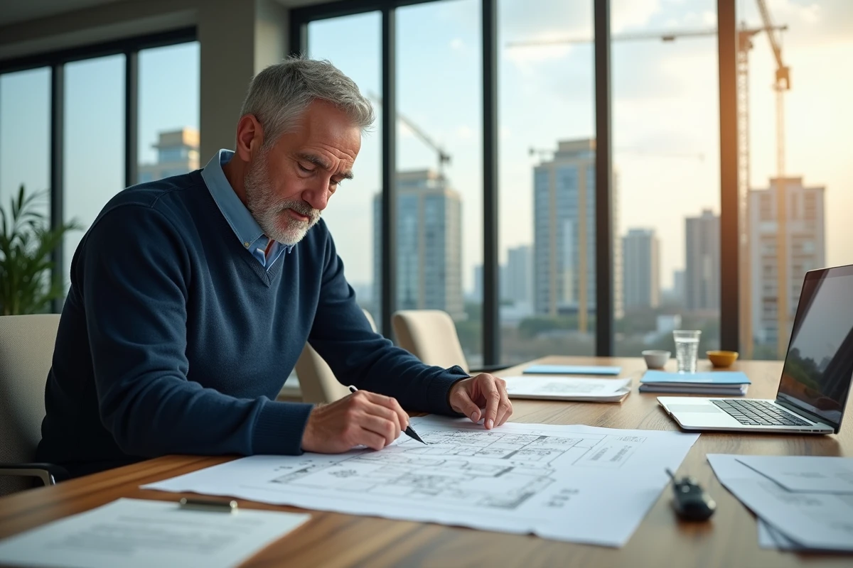 Homme d age examine plans dans bureau immobilier