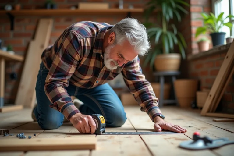 Homme d'âge moyen mesurant une planche dans un atelier cosy