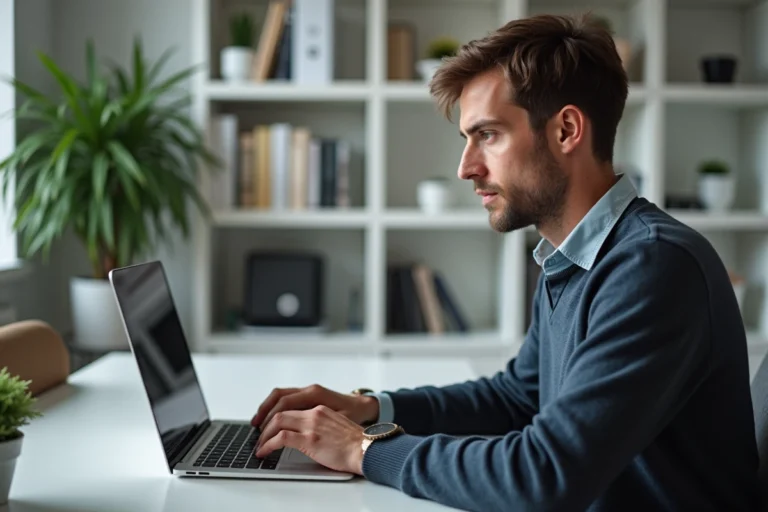 Homme au bureau regardant un site web sur un ordinateur portable