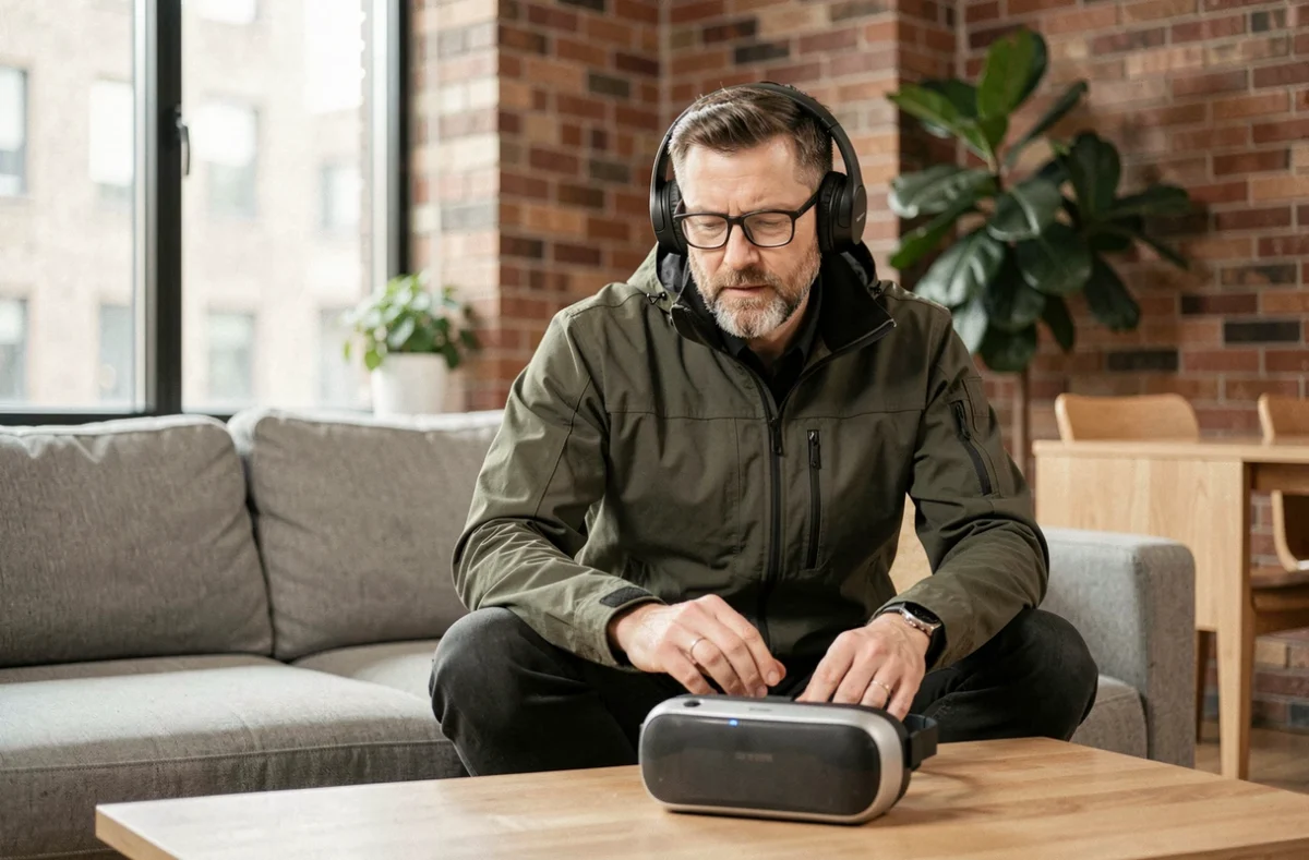 Homme explorant un casque AR et des écouteurs sans fil dans un intérieur moderne et technologique