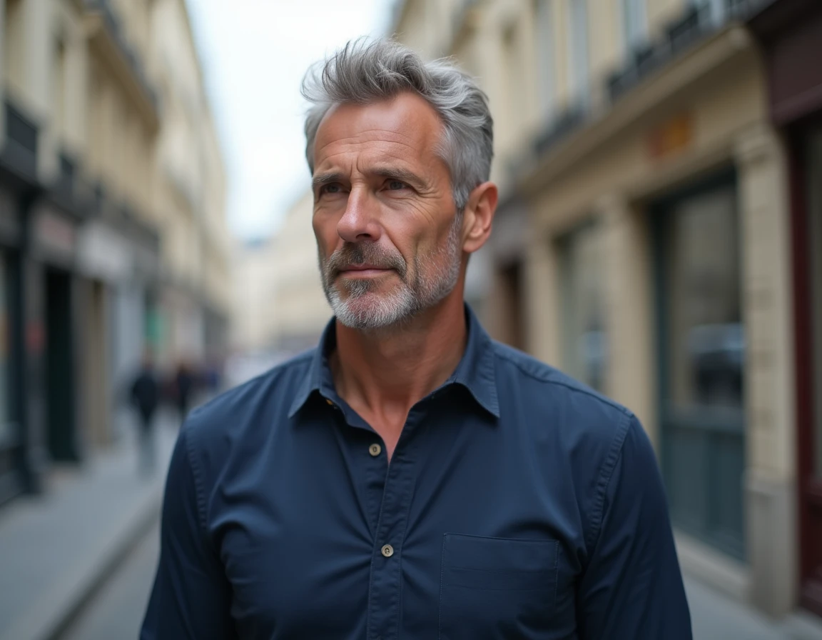 Homme d'une quarantaine d'années aux cheveux fournis dans une rue parisienne illustrant la densité capillaire retrouvée