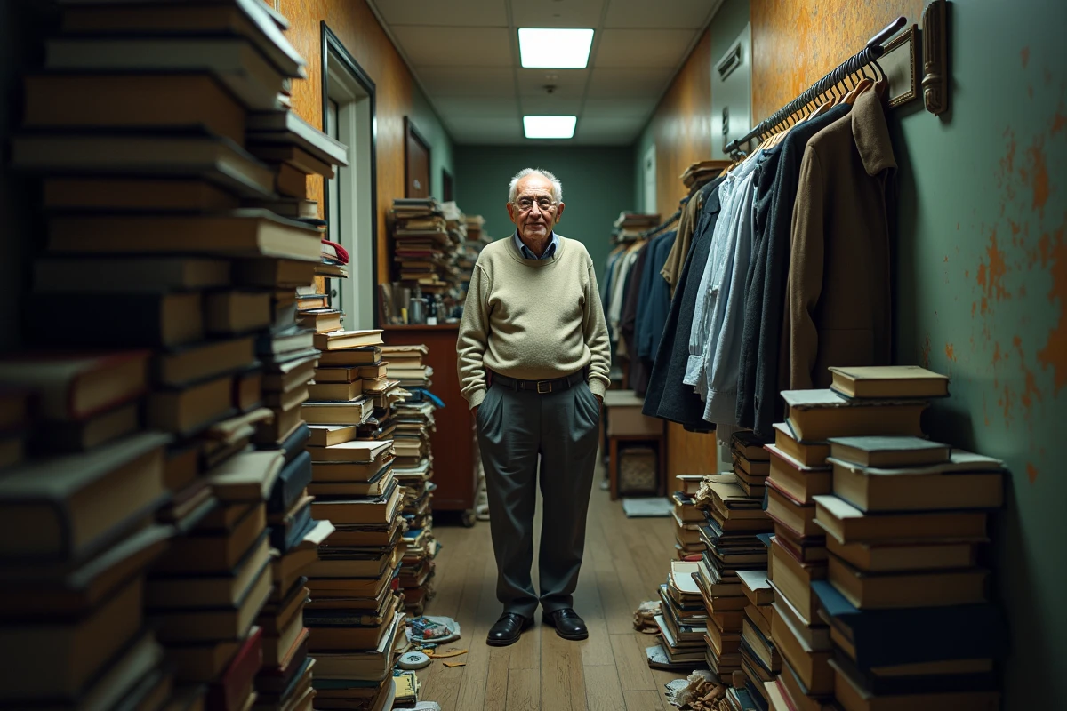 Homme âgé dans un couloir étroit entouré de livres et vêtements