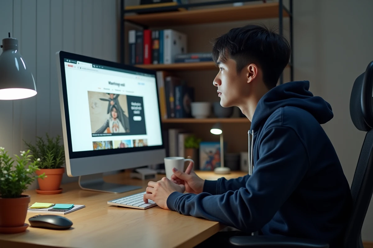 Homme lisant un manhwa sur ordinateur dans un bureau à domicile, tutoriel débutant plateforme manhua en ligne