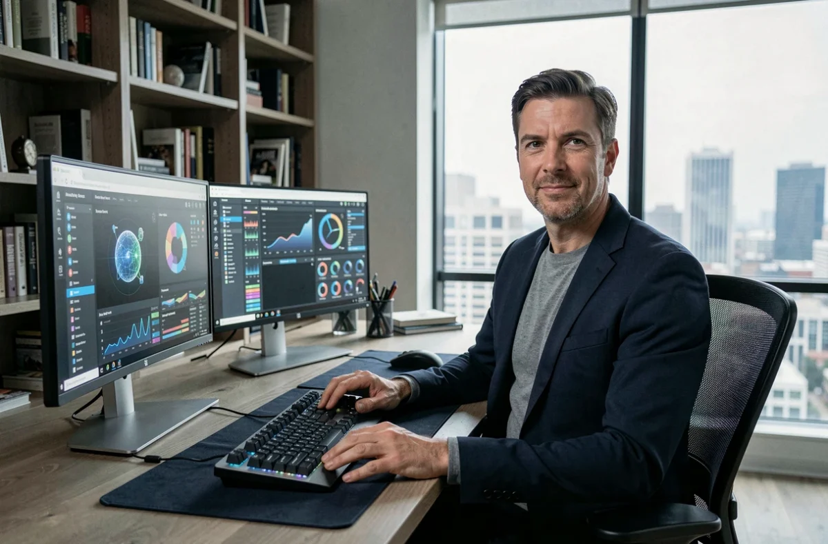 Homme travaillant sur plusieurs écrans ultralarges avec tableaux de bord IA dans un bureau moderne, tendances technologiques 2024