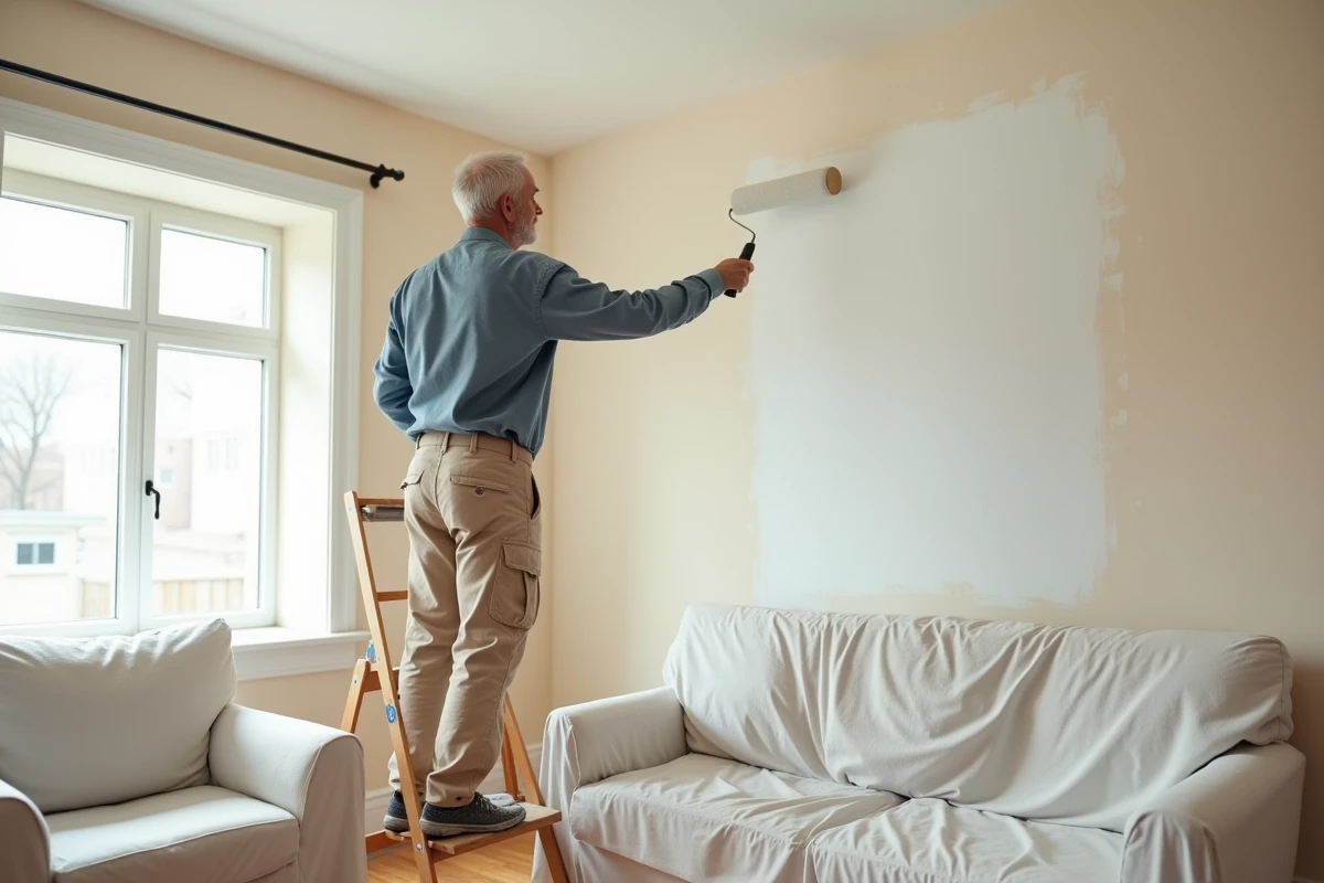Homme peignant un mur au rouleau dans un salon en cours de rénovation avec des meubles protégés