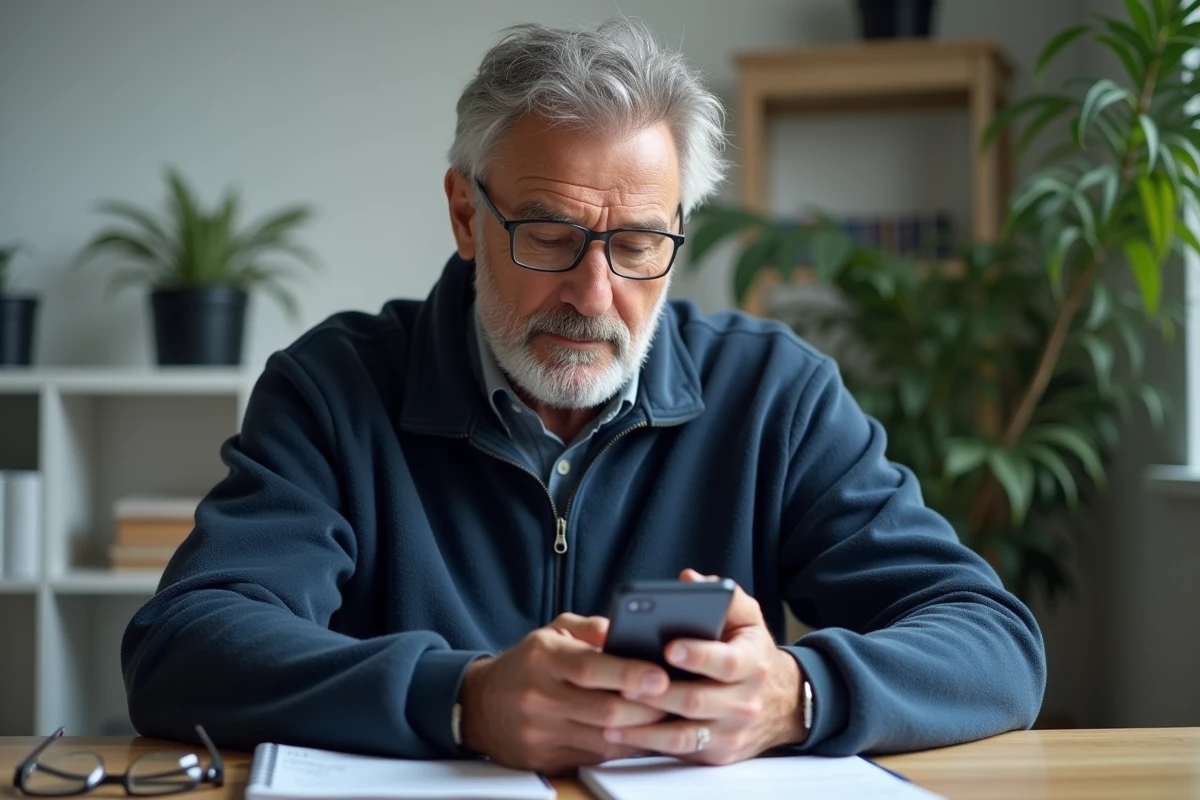 Homme retraité utilisant son smartphone pour commander sur le site Damart en toute sécurité