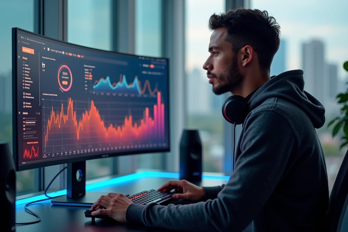 Homme devant un écran incurvé ultrawide avec casque audio, setup high-tech tendance pour bureau moderne