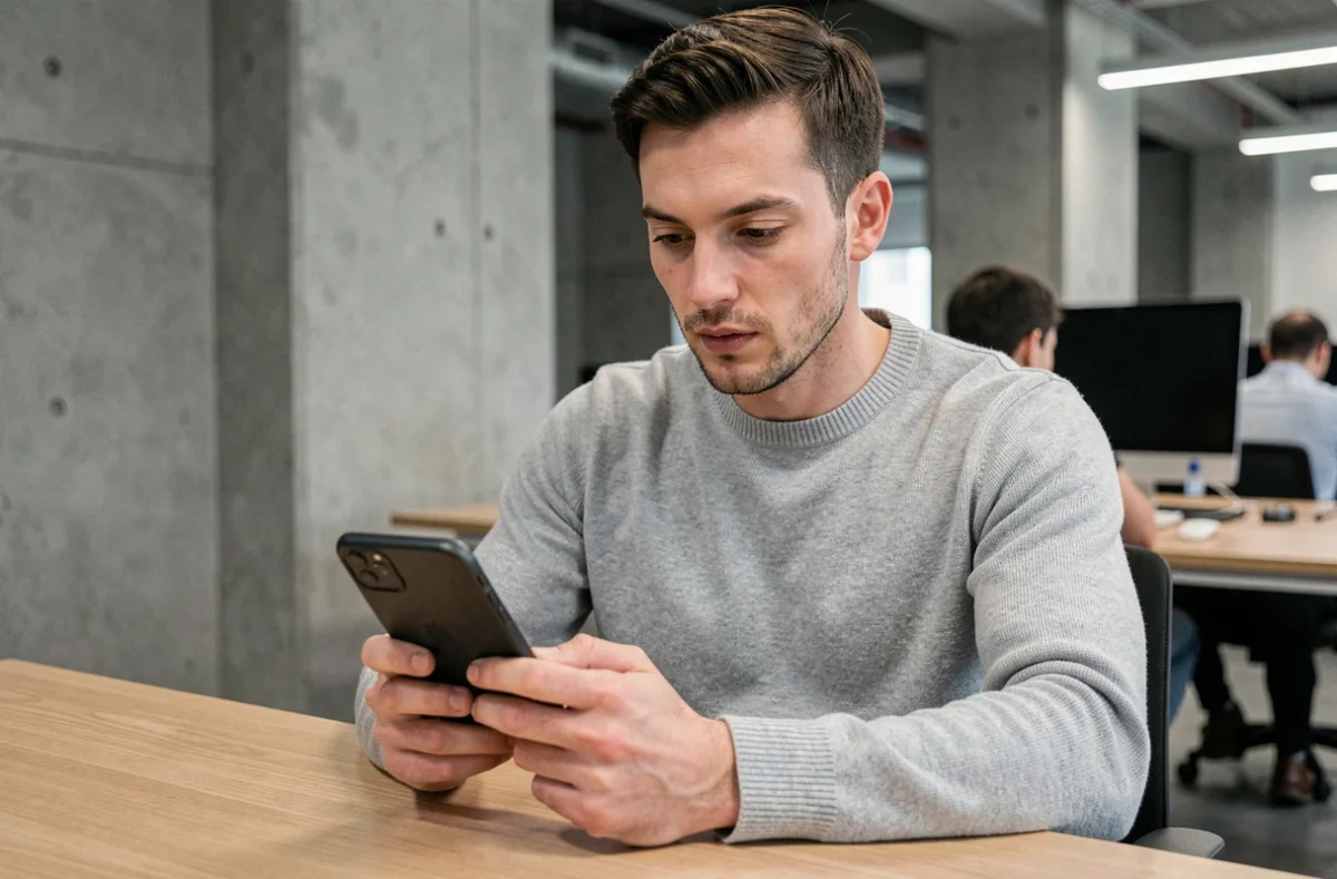 Homme testant un smartphone pliable innovant dans un espace de travail tech moderne