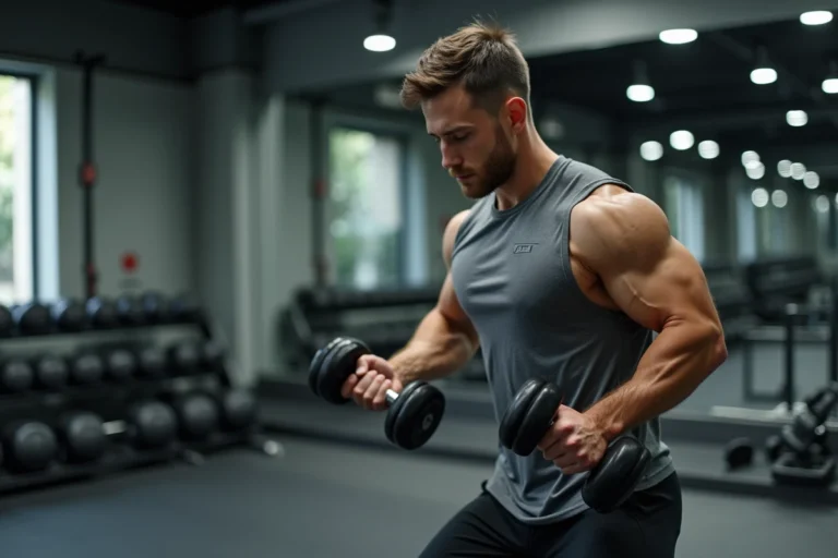 Jeune homme musclé faisant des curls avec haltères en salle