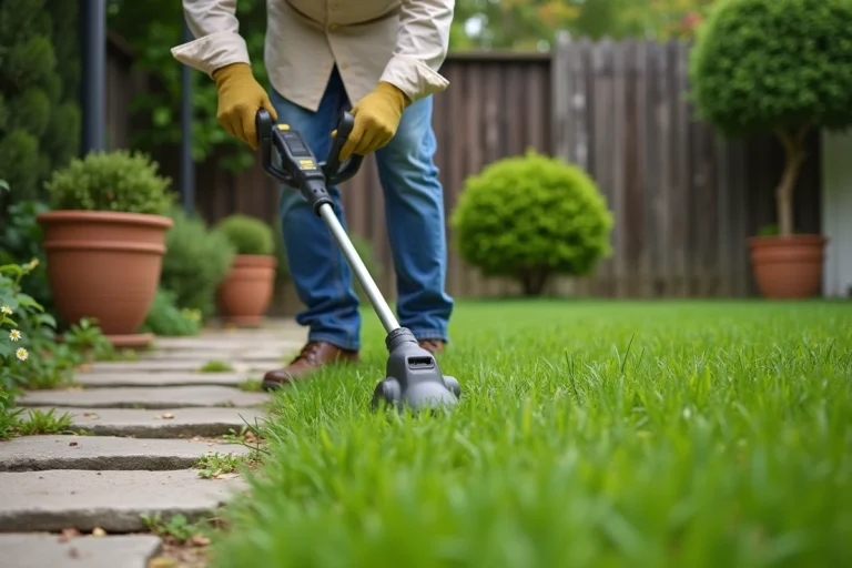 Homme utilisant un taille-bordure sans fil pour délimiter les bordures d'une pelouse dans un jardin bien entretenu