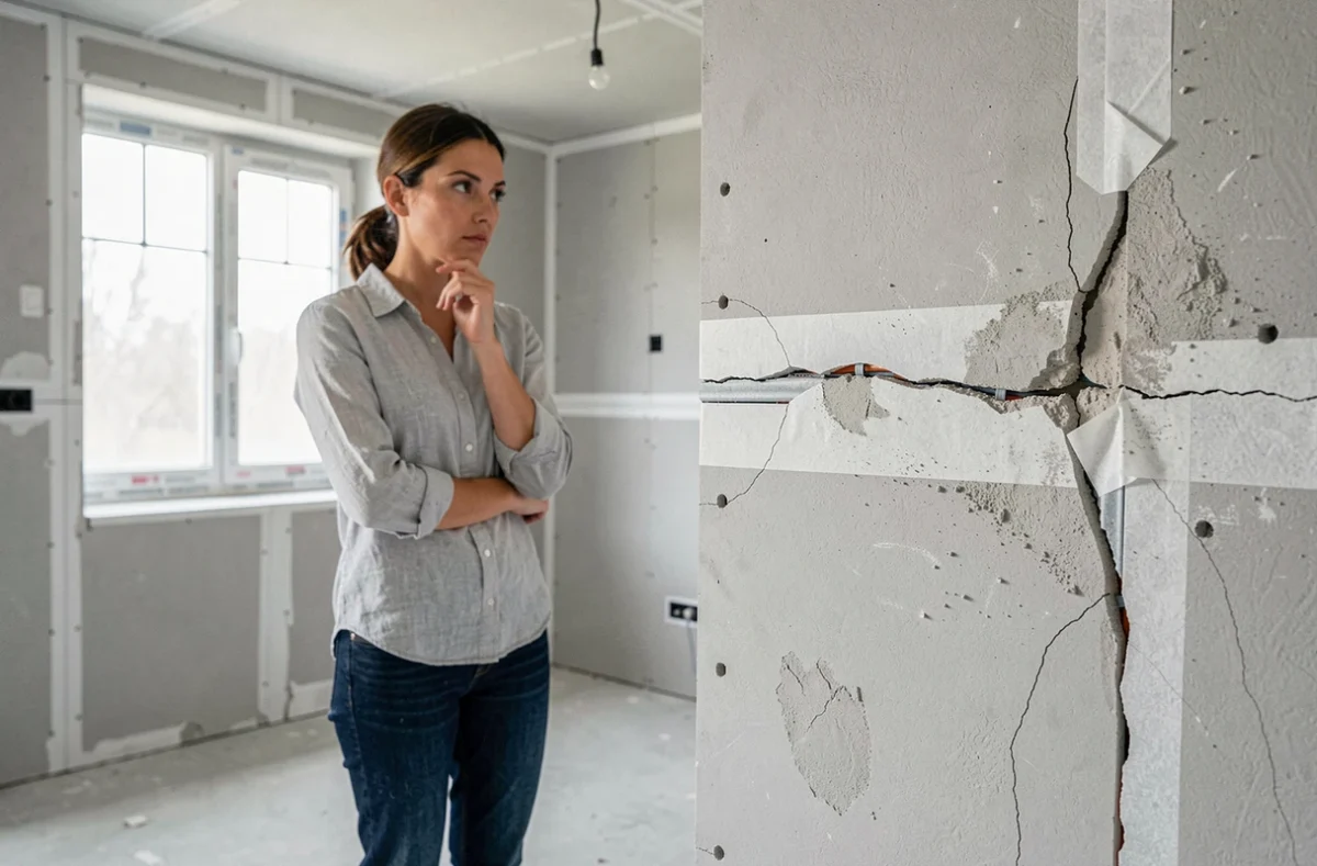 Propriétaire inspectant une fissure murale dans une maison en cours de construction, erreur fréquente à éviter