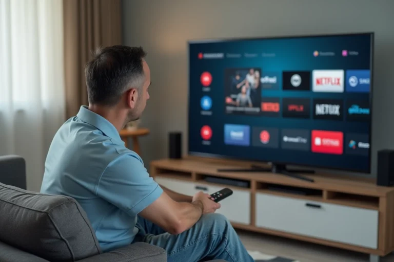 Homme d'âge moyen installant IPTV sur TV dans le salon