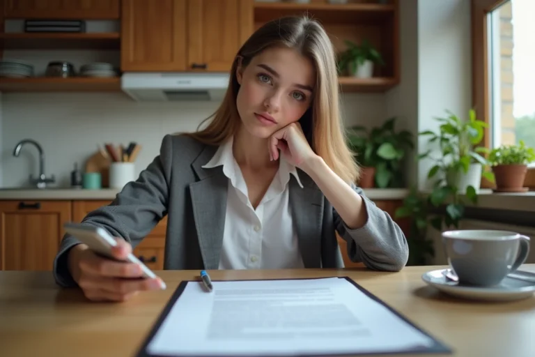 Jeune femme avec contrat de location et smartphone