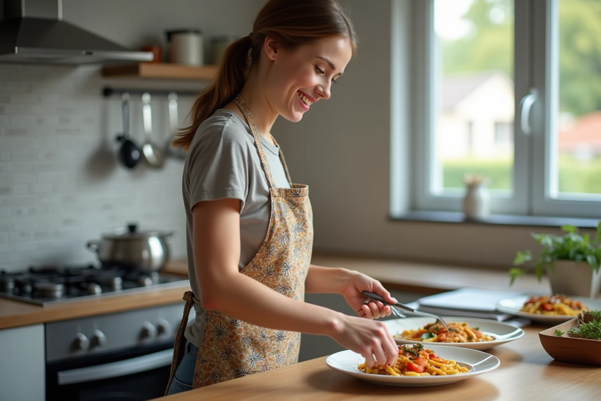 Jeune femme préparant un plat de pâtes dans la cuisine