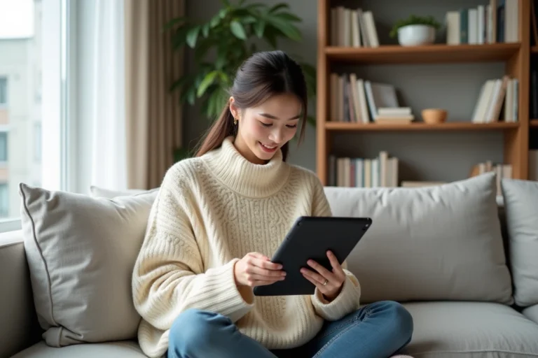 Jeune femme lisant un manhwa sur tablette dans un salon cosy, guide débutant lecture manhua en ligne