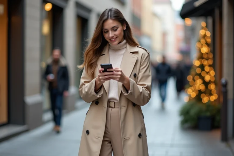 Jeune femme élégante en trench beige dans la ville