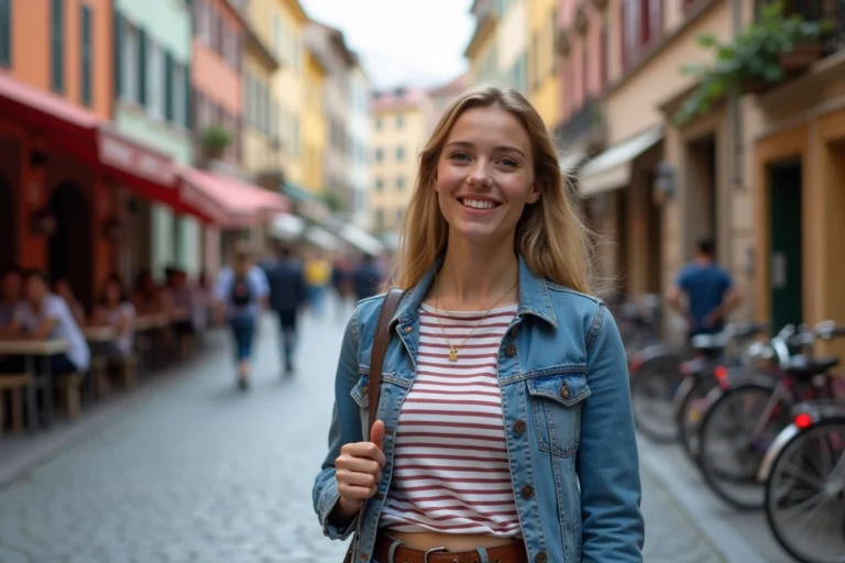 Jeune femme souriante avec carte dans une ville européenne