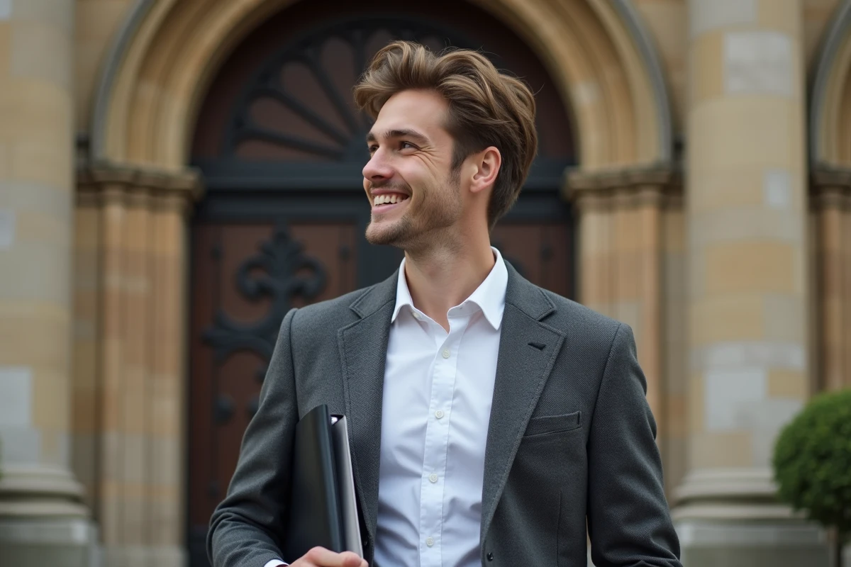 Jeune homme souriant devant un bâtiment historique