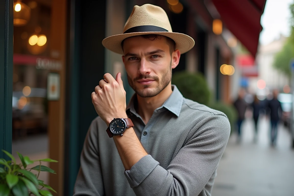 Jeune homme en pull et chapeau dans une rue de ville