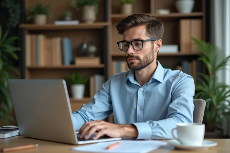 Jeune homme professionnel travaillant sur son ordinateur dans un bureau moderne