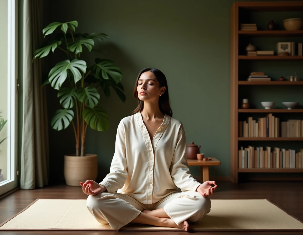 Femme en méditation avant une séance de massage sensoriel dans un studio bien-être parisien