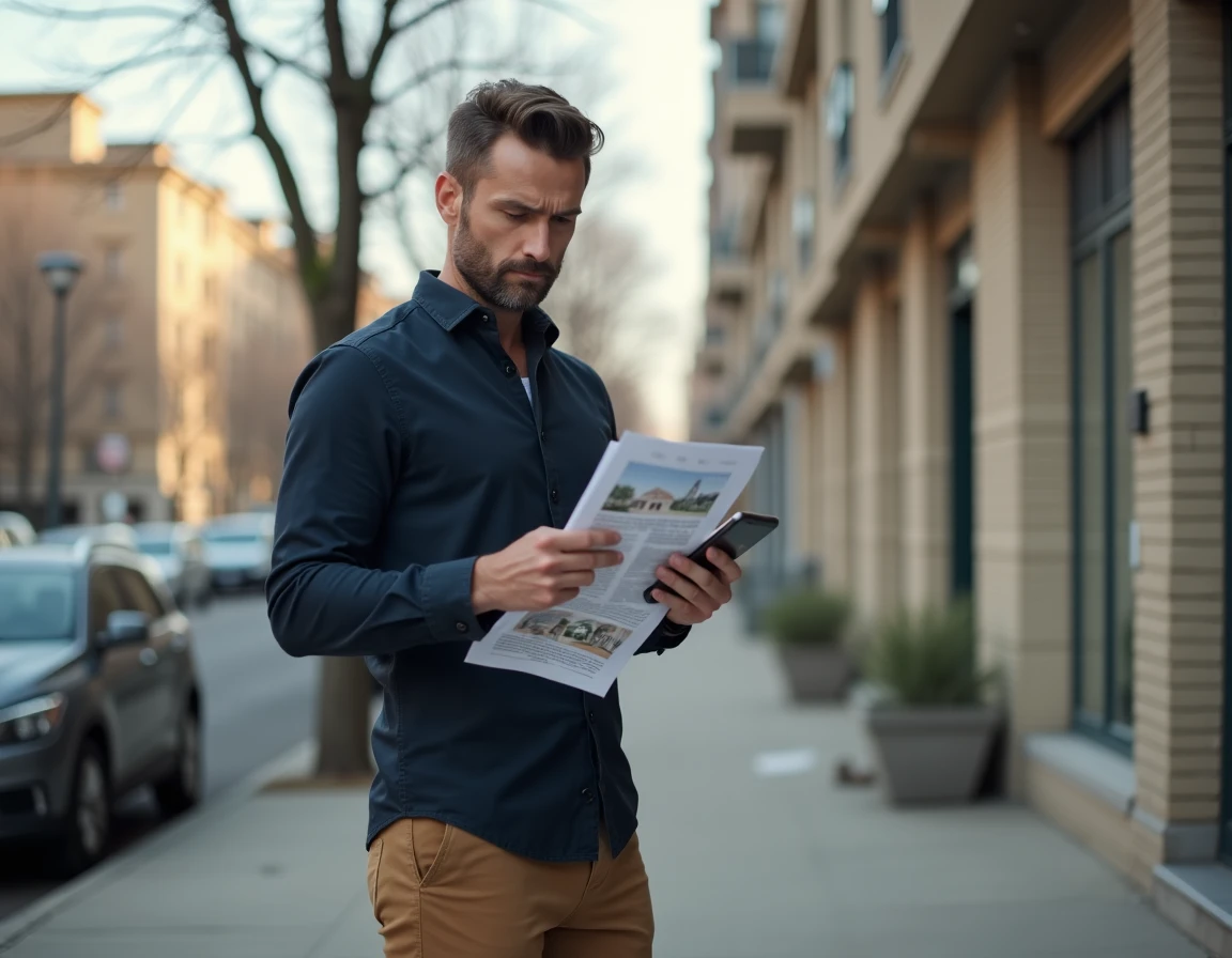 Homme novice en immobilier consultant des documents Liloo BSK devant un immeuble résidentiel urbain