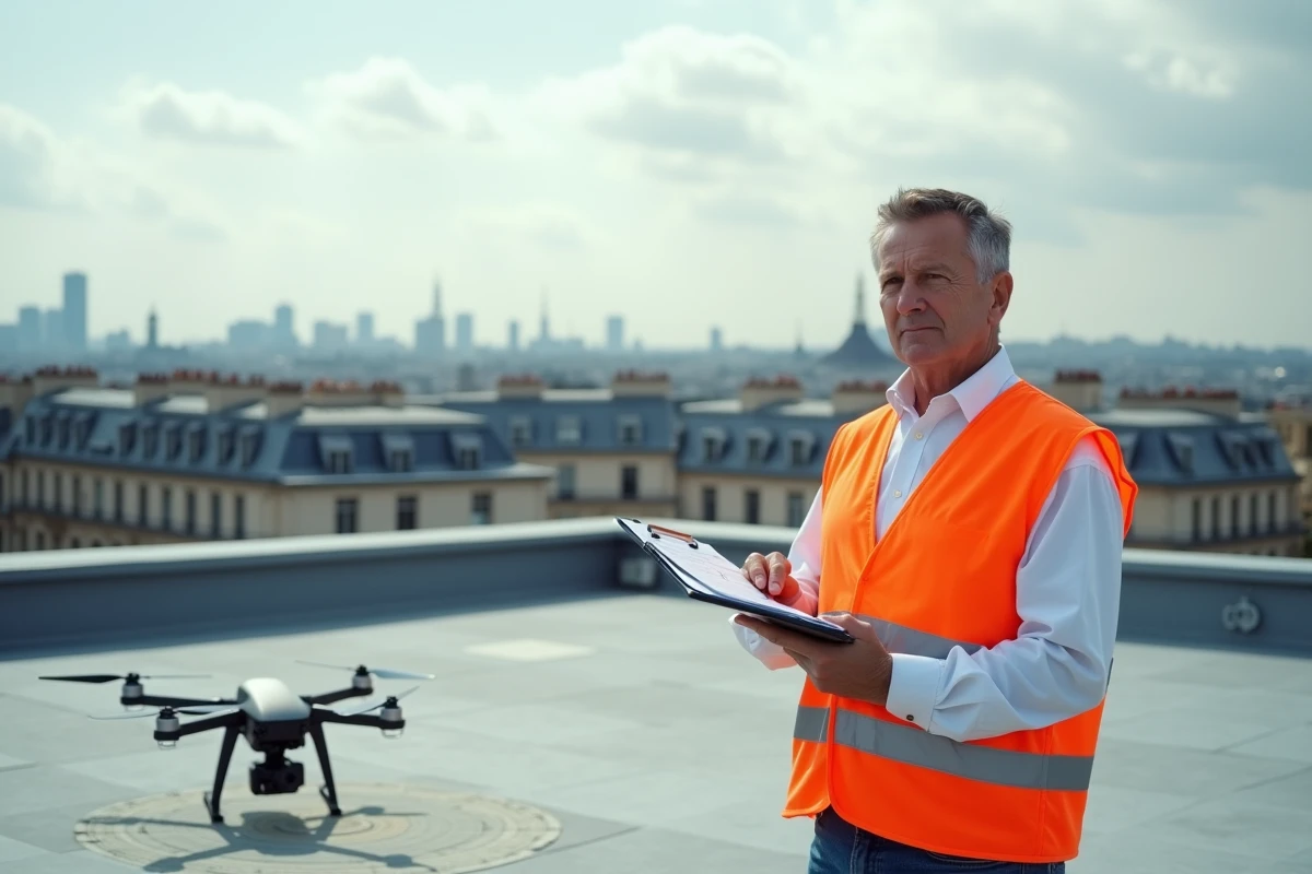 Inspecteur ou opérateur de drone professionnel sur un toit urbain avec checklist réglementaire et drone hexacoptère en France