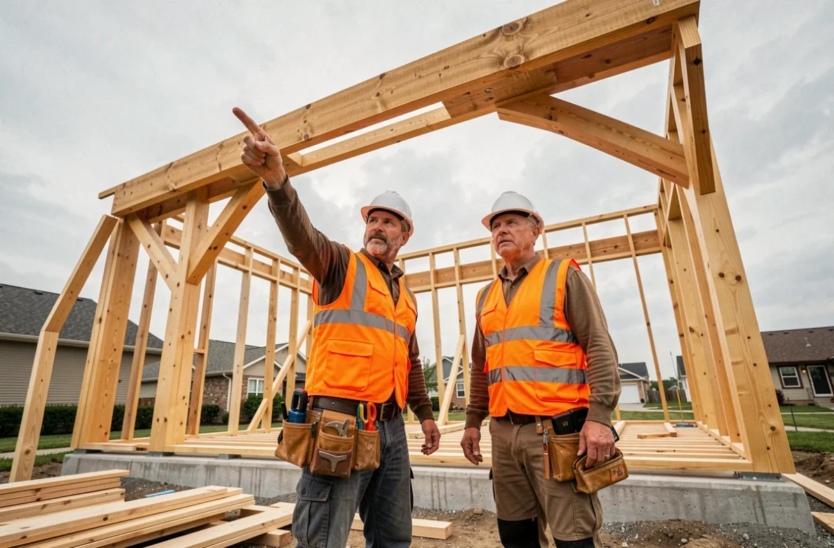 Ouvriers du bâtiment identifiant un problème de charpente mal alignée sur une maison en nouvelle construction