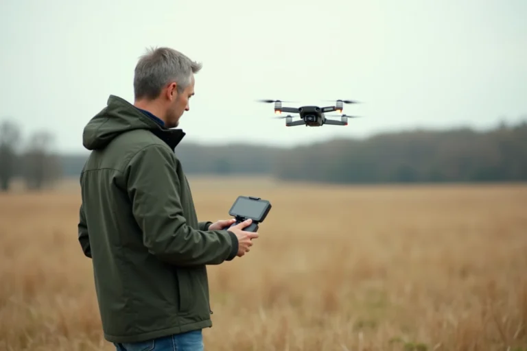 Pilote de drone adulte tenant une télécommande dans un champ rural en France, respectant les règles de la législation drone