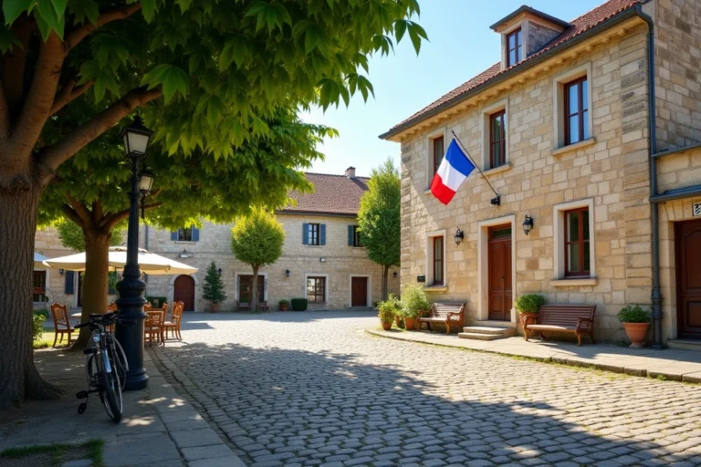 Place centrale d'un village de la Communauté de Communes du Véron avec mairie en pierre et habitants locaux