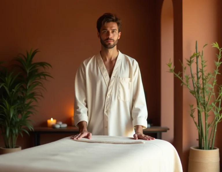 Praticien de massage bien-être dans un spa parisien à l'ambiance zen et spirituelle