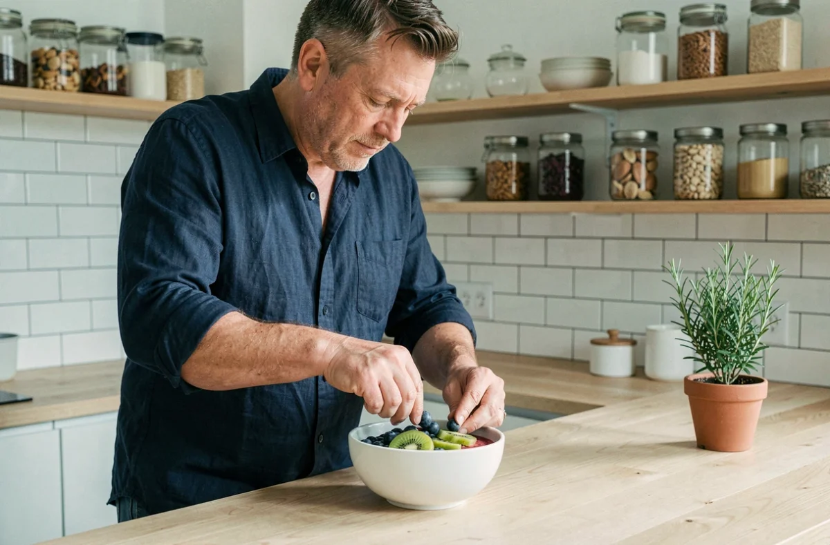 Homme préparant un bol de smoothie healthy avec des fruits frais dans une cuisine scandinave pour un mode de vie sain au quotidien
