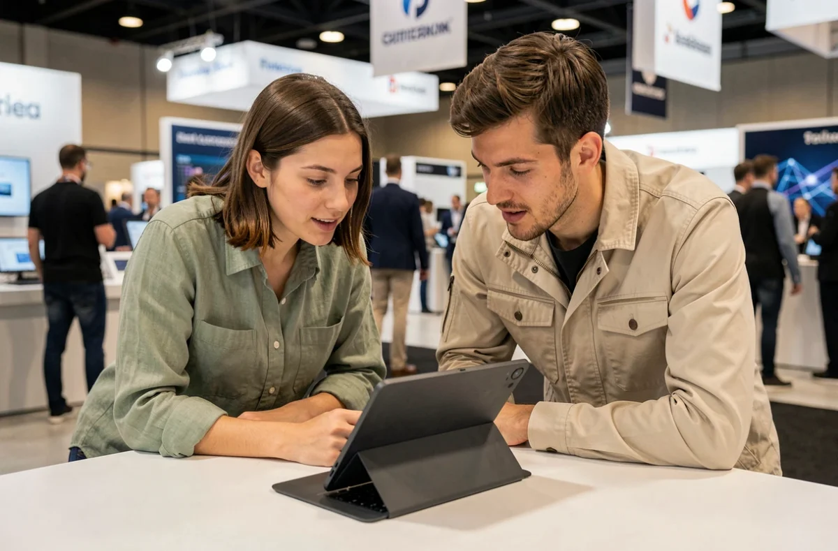 Deux professionnels découvrant un appareil high-tech pliable lors d'un salon technologique, innovations et tendances 2024