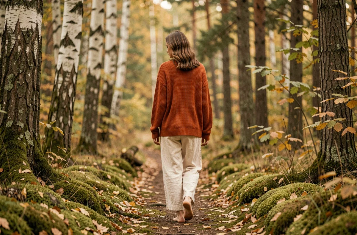 Femme se promenant pieds nus sur un chemin forestier en automne pour se ressourcer naturellement et améliorer son bien-être mental