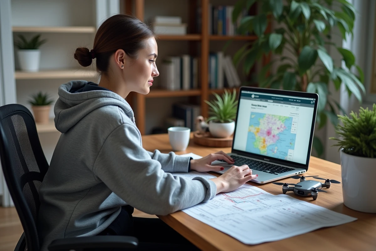 Femme consultant la réglementation française des drones sur ordinateur avec des documents officiels posés sur un bureau