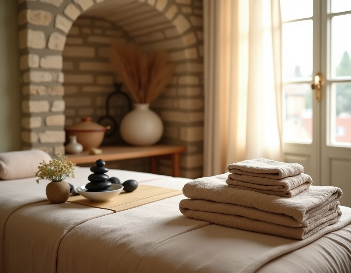 Table de massage avec huiles et accessoires rituels dans un appartement parisien zen