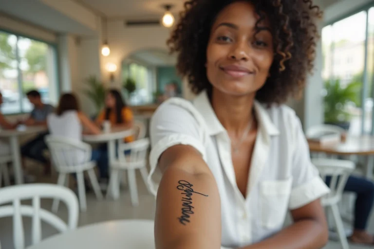 Jeune femme montrant un tatouage de prénom en cursive sur l'avant-bras intérieur dans un café scandinave