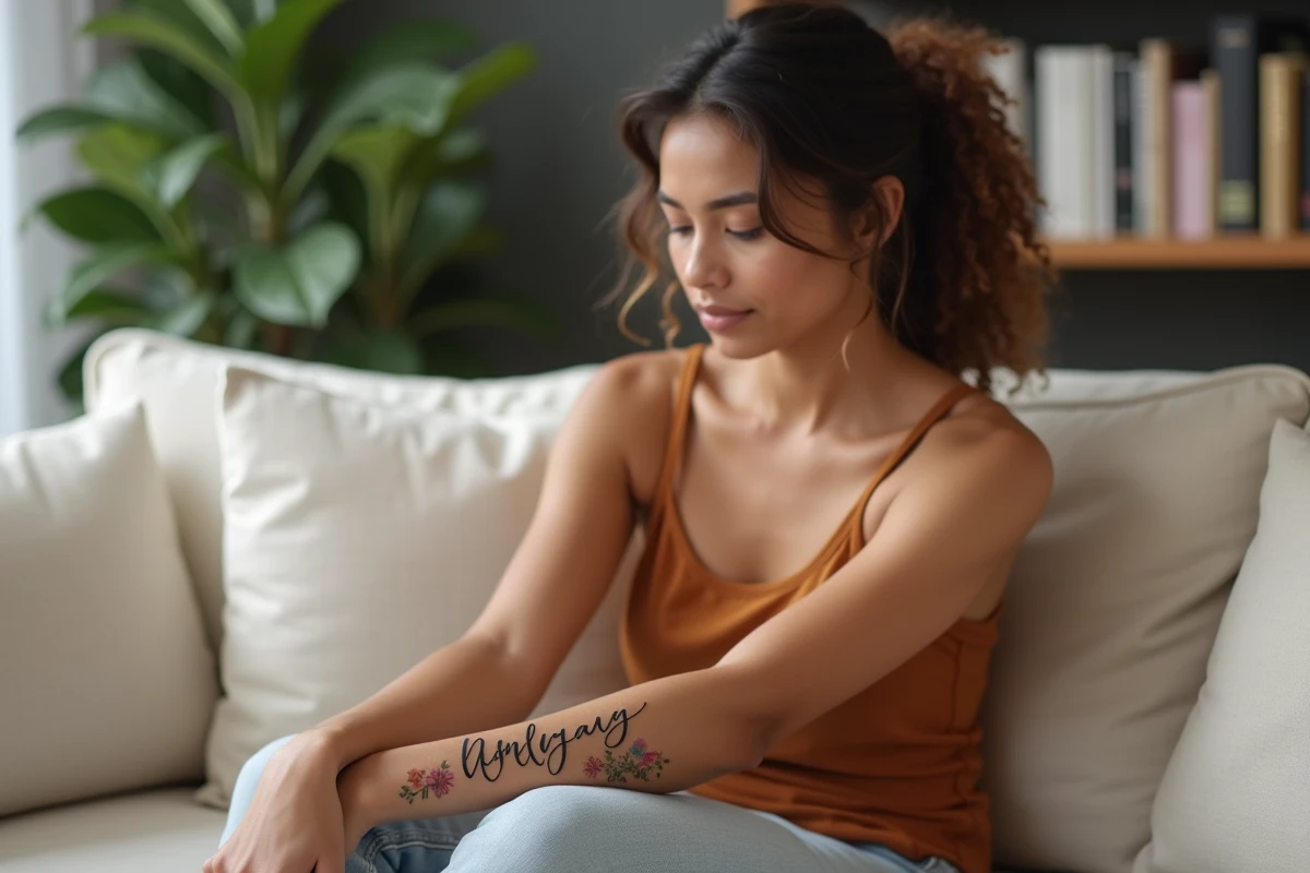 Femme aux cheveux bouclés assise sur un canapé beige avec un tatouage de prénom floral et fin sur l'avant-bras