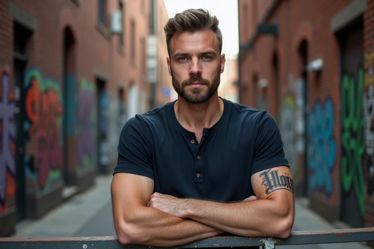 Homme barbu avec un tatouage de prénom géométrique en lettres grasses sur l'avant-bras dans une ruelle urbaine