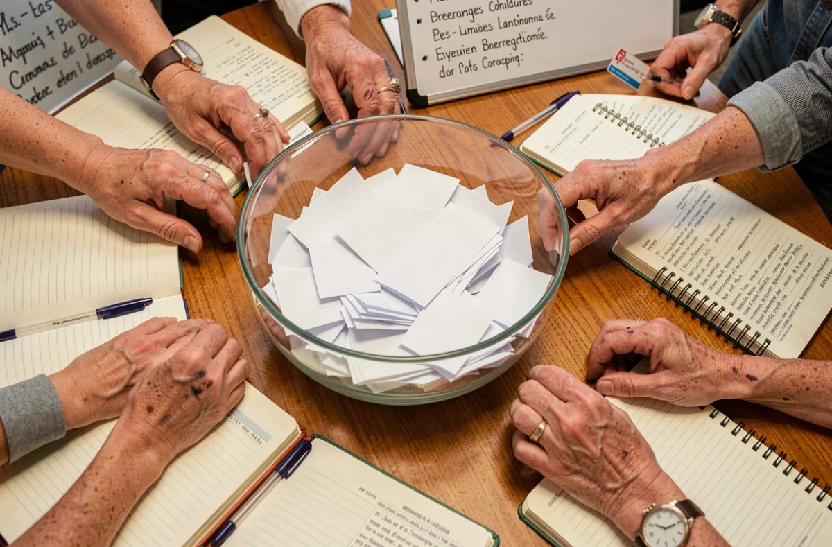 Tirage au sort de citoyens dans un bol en verre rempli de bulletins pliés lors d'une procédure de sortition démocratique participative